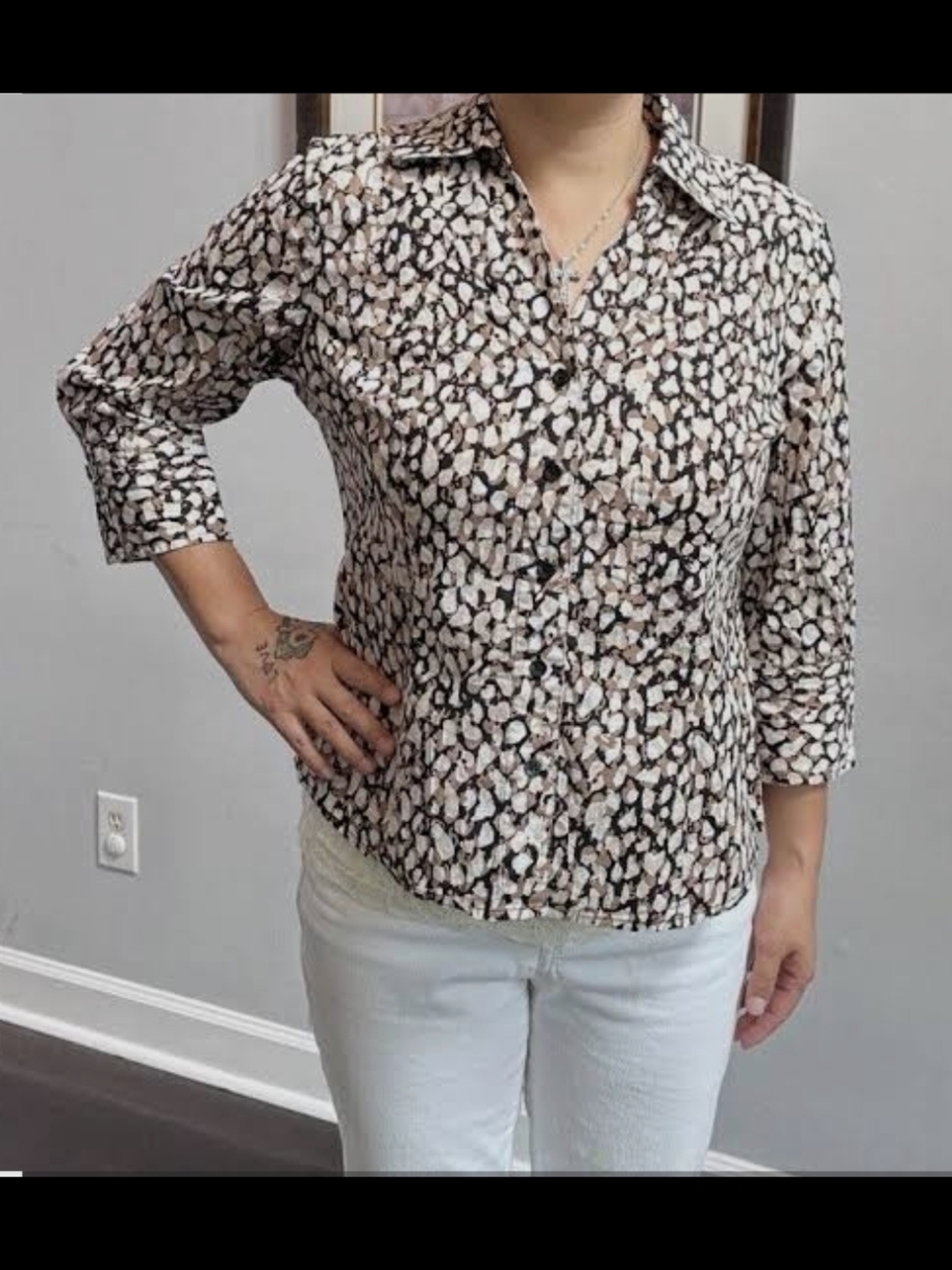 Alfani Beige and Black Printed Button-Down Shirt